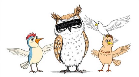 A heartwarming scene depicts a blind owl, its head gently tilted, mentoring a group of diverse birds in a charming, Pixar-ins