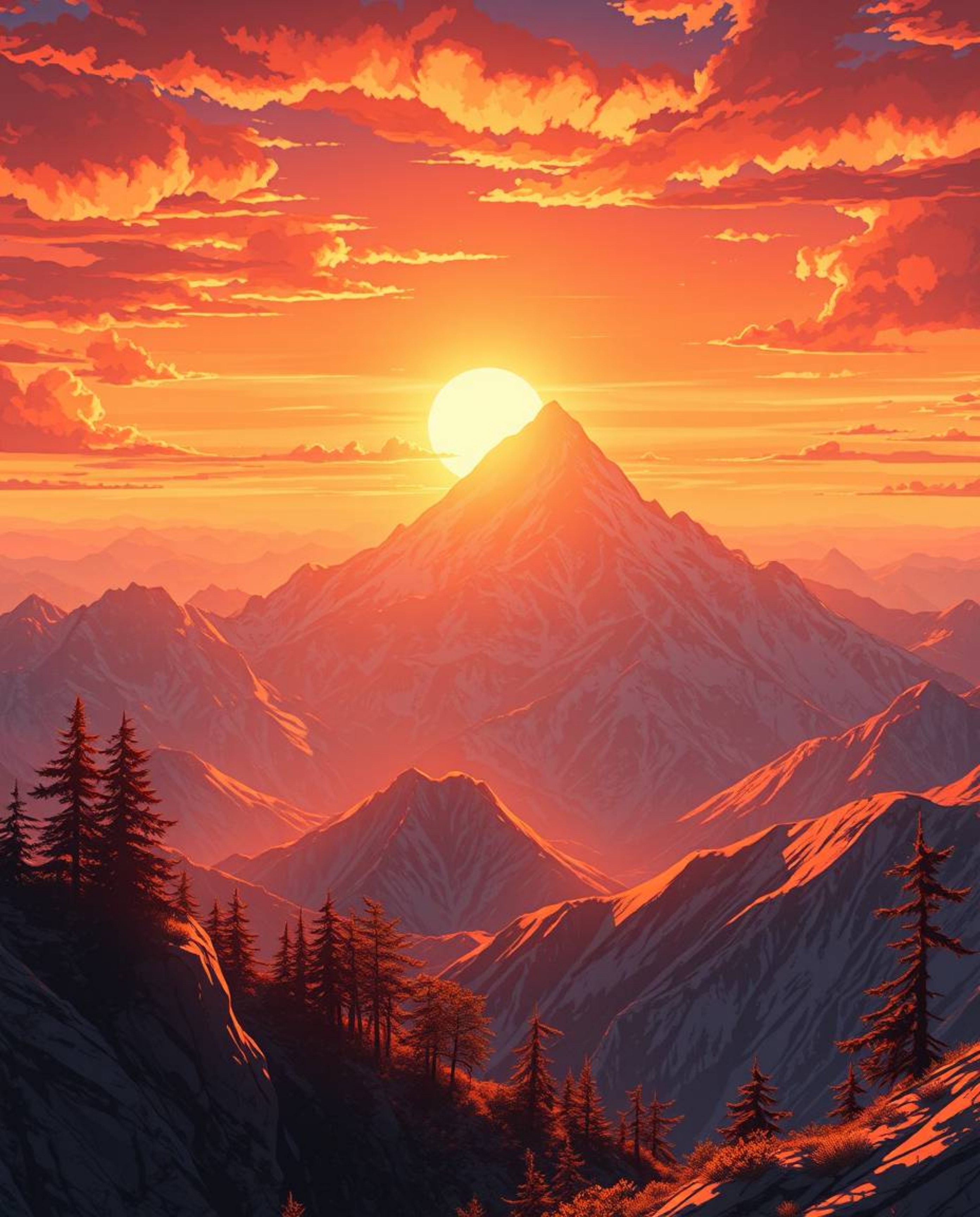 Be transported to another world with this Isekai anime-style depiction of a high alpine peak sunset. The scene is bathed in a
