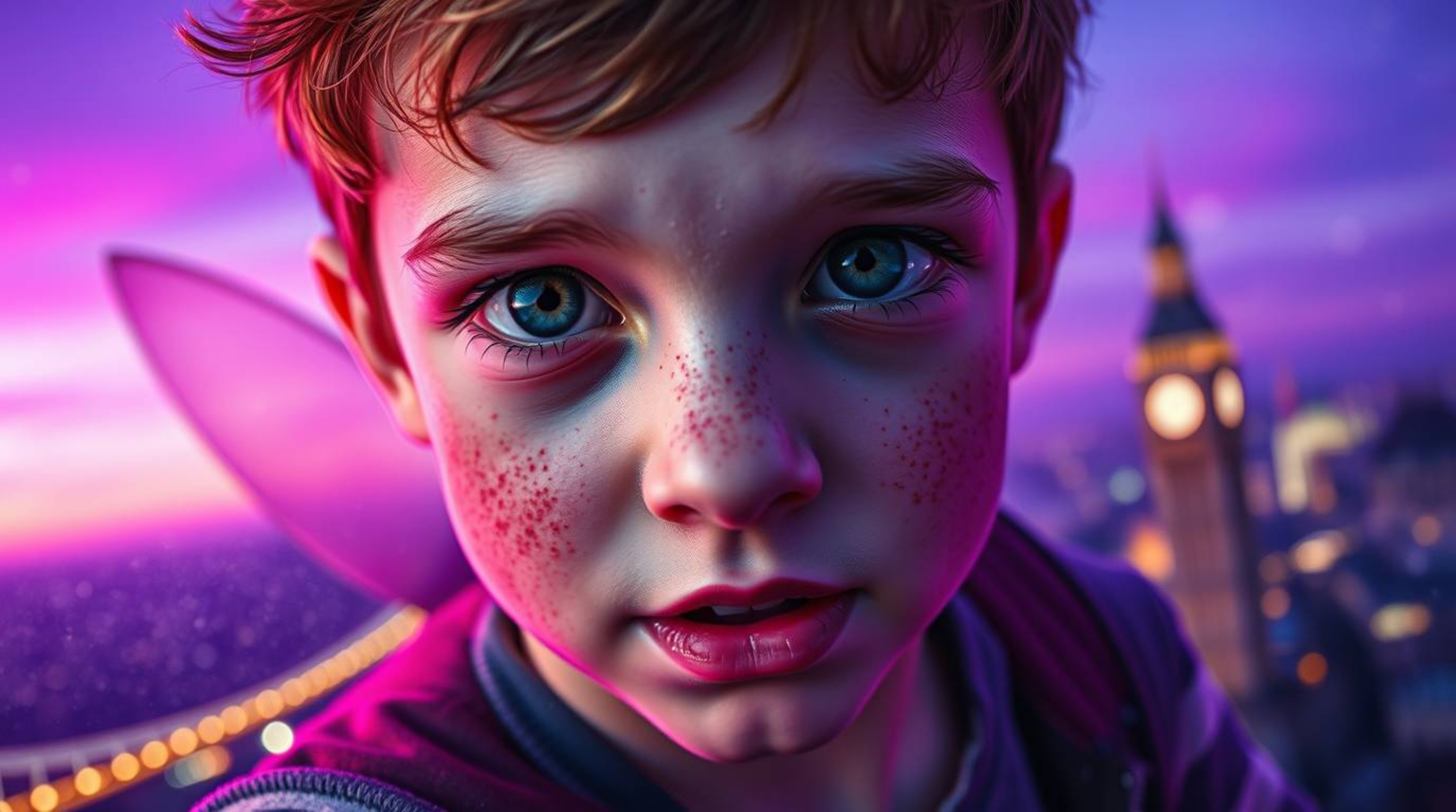 An extreme macro close-up image captures a young boy with freckled skin, soaring above London with the aid of shimmering pixi