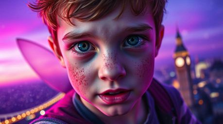 An extreme macro close-up image captures a young boy with freckled skin, soaring above London with the aid of shimmering pixi