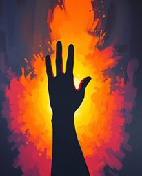 A bold acrylic painting depicts a hand silhouetted against a vibrant light source, reaching from darkness. Textured brushstro