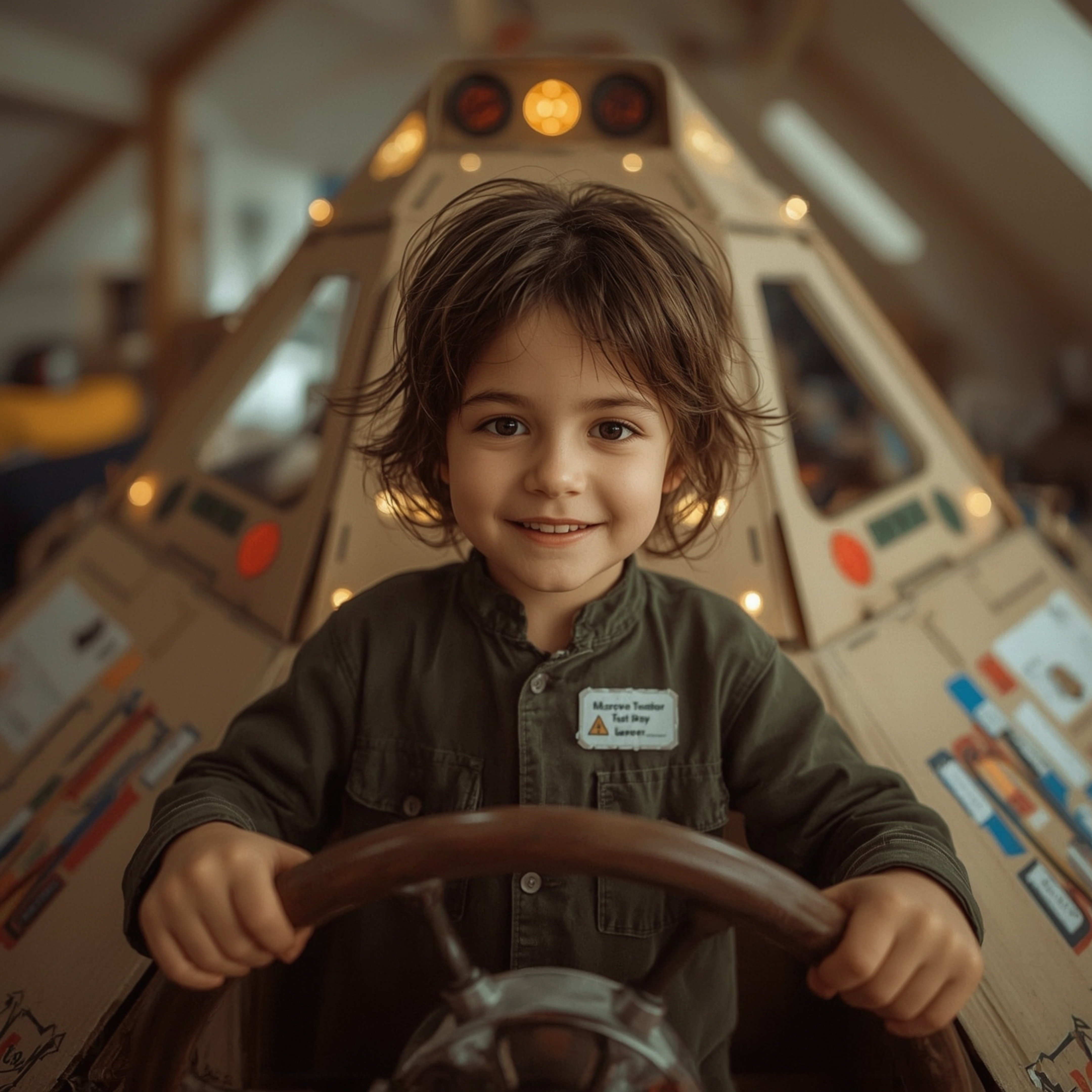 Exquisite high-fashion photography captures a young boy's imaginative play.  He proudly poses in a makeshift captain's unifor