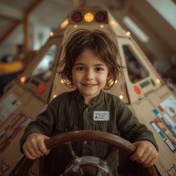 Exquisite high-fashion photography captures a young boy's imaginative play.  He proudly poses in a makeshift captain's unifor