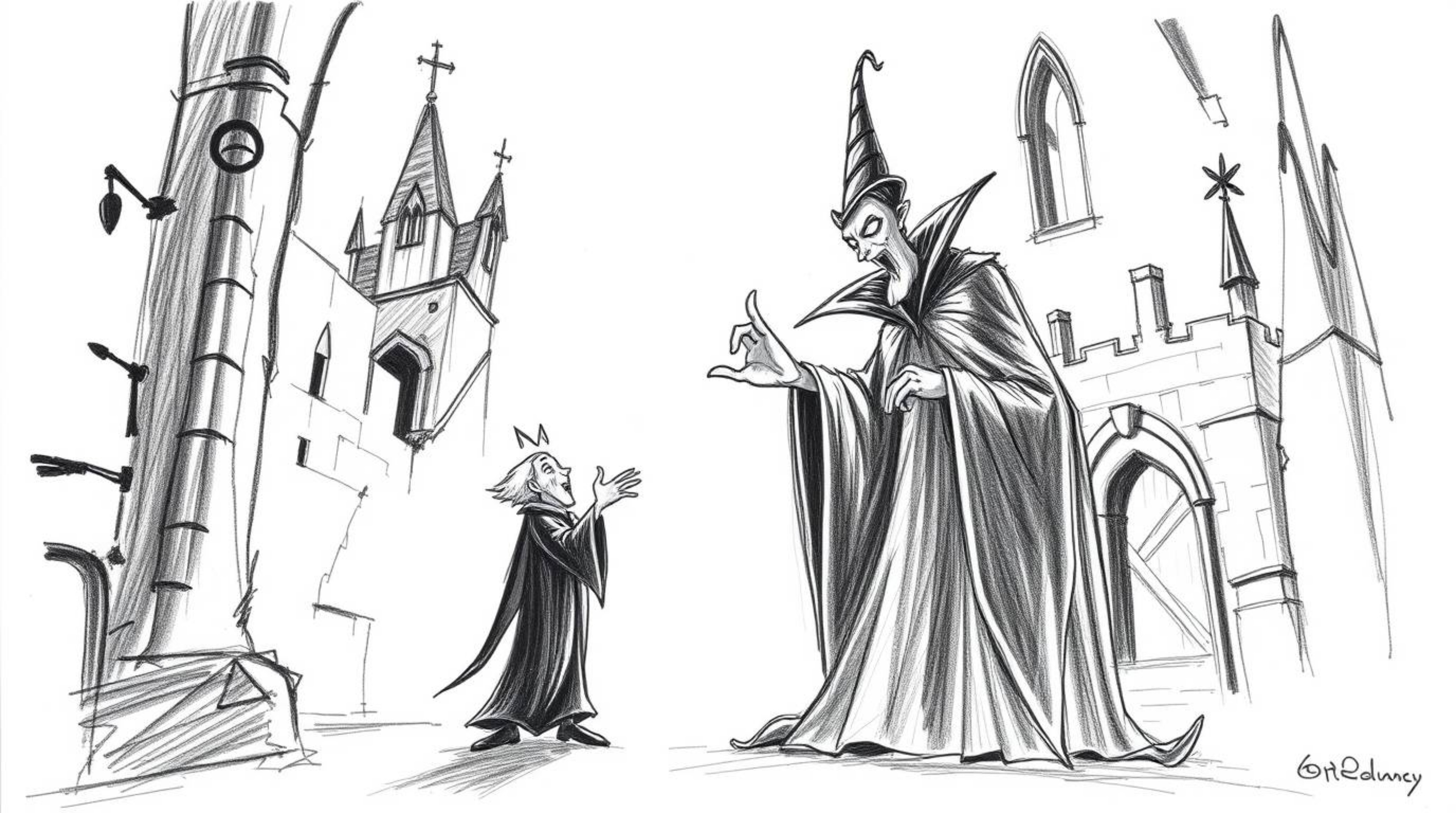 A hand-drawn sketch depicting a classic Disney villain casting a spell within an old castle, rendered with strong, hard light