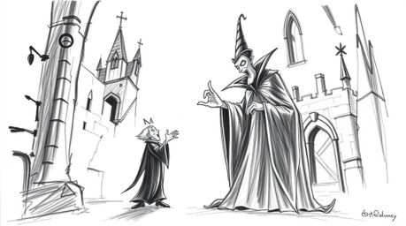 A hand-drawn sketch depicting a classic Disney villain casting a spell within an old castle, rendered with strong, hard light