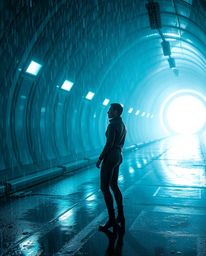 A captivating image depicting a sleekly dressed individual standing at the edge of a futuristic tunnel, gazing towards a bril
