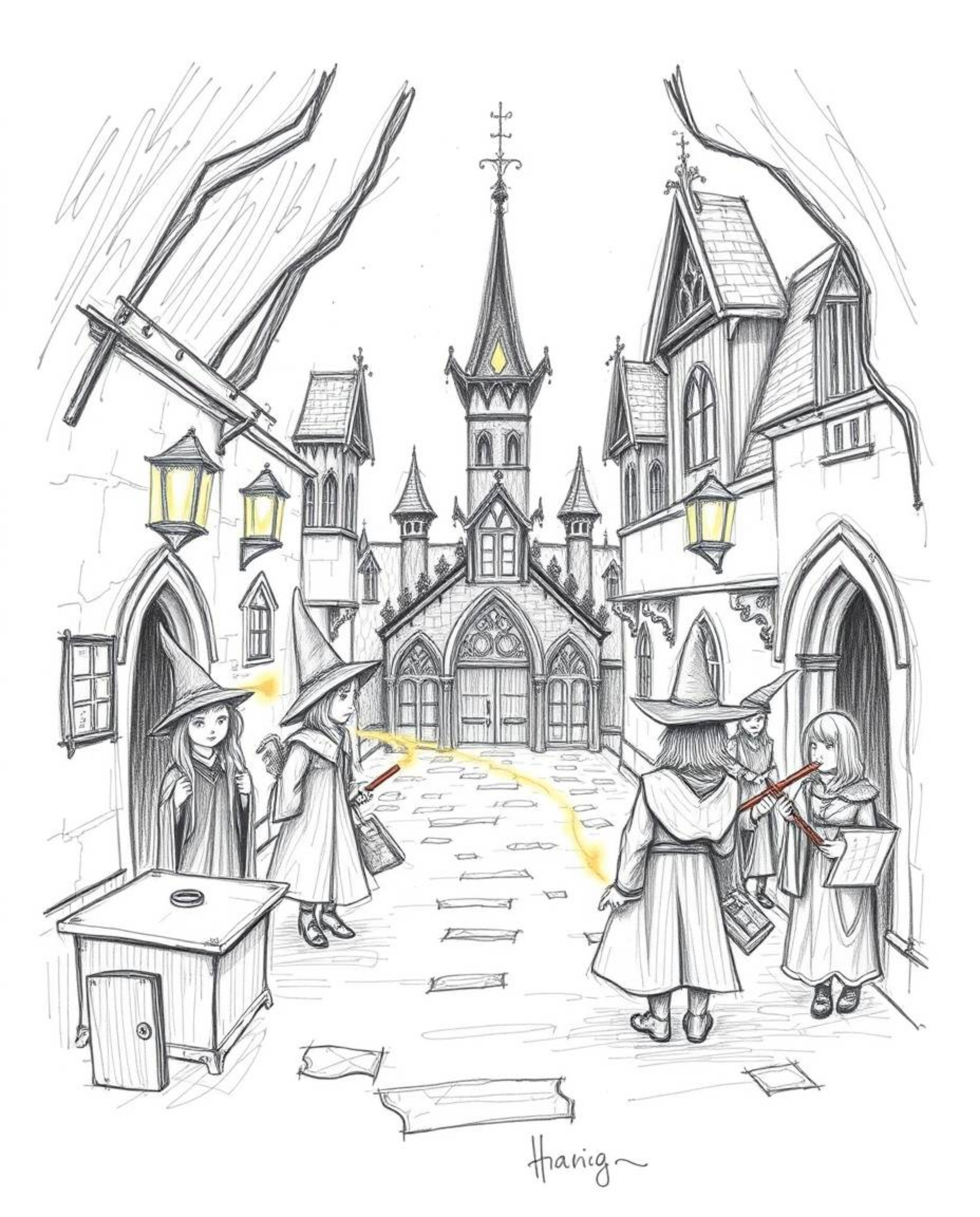 Explore a whimsical, hand-drawn sketch of a magical school bustling with young wizards. The artwork features rough lines, tex