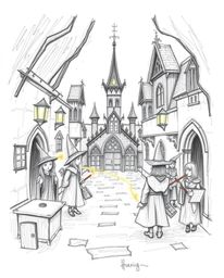 Explore a whimsical, hand-drawn sketch of a magical school bustling with young wizards. The artwork features rough lines, tex