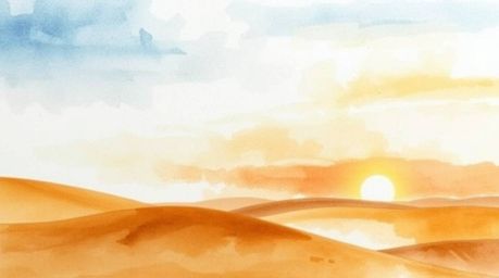 Experience the serenity of a delicate watercolor painting depicting a graceful and elegant sunset over golden dunes. This art
