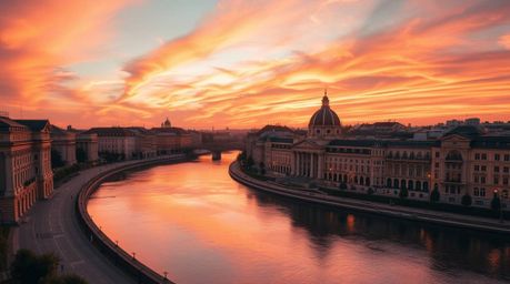 Capture the breathtaking beauty of a winding river bathed in the warm glow of golden hour light. This stunning architectural 
