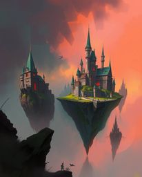 A dynamic digital sketch depicting a colorful kingdom with floating islands and castles, rendered in a rough, painterly style