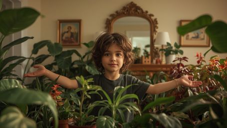 In a cinematic, warmly lit photograph, a brilliant young homeschooled prodigy with curly brown hair and bright green eyes con