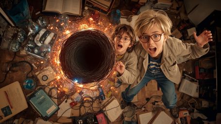 A vibrant, cinematic photograph in a stylized, Pixar-esque aesthetic captures a dynamic science fair duo, a girl and a boy, s