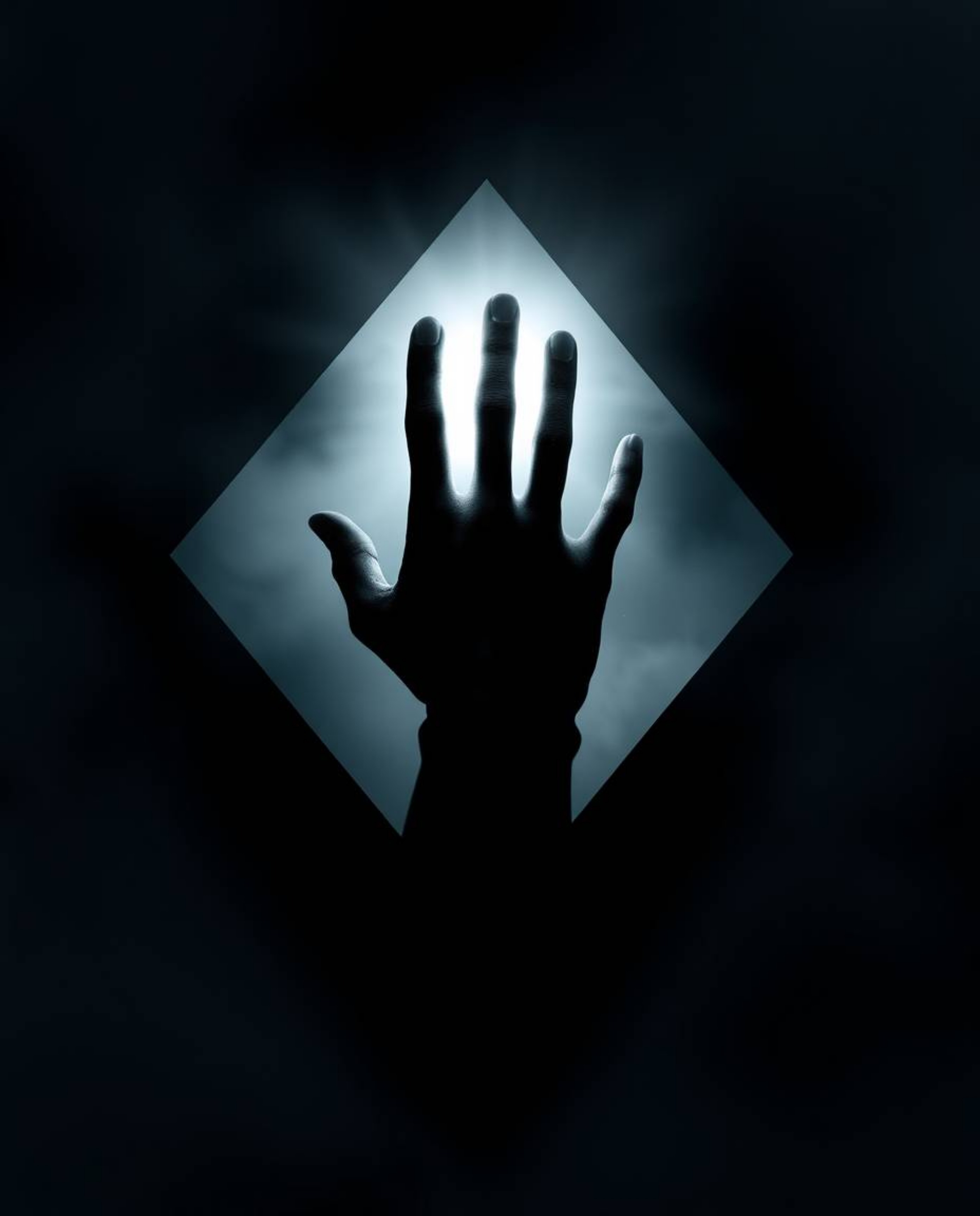 A captivating dark geometric logo design features a hand reaching towards a light source emerging from darkness.  Clean lines