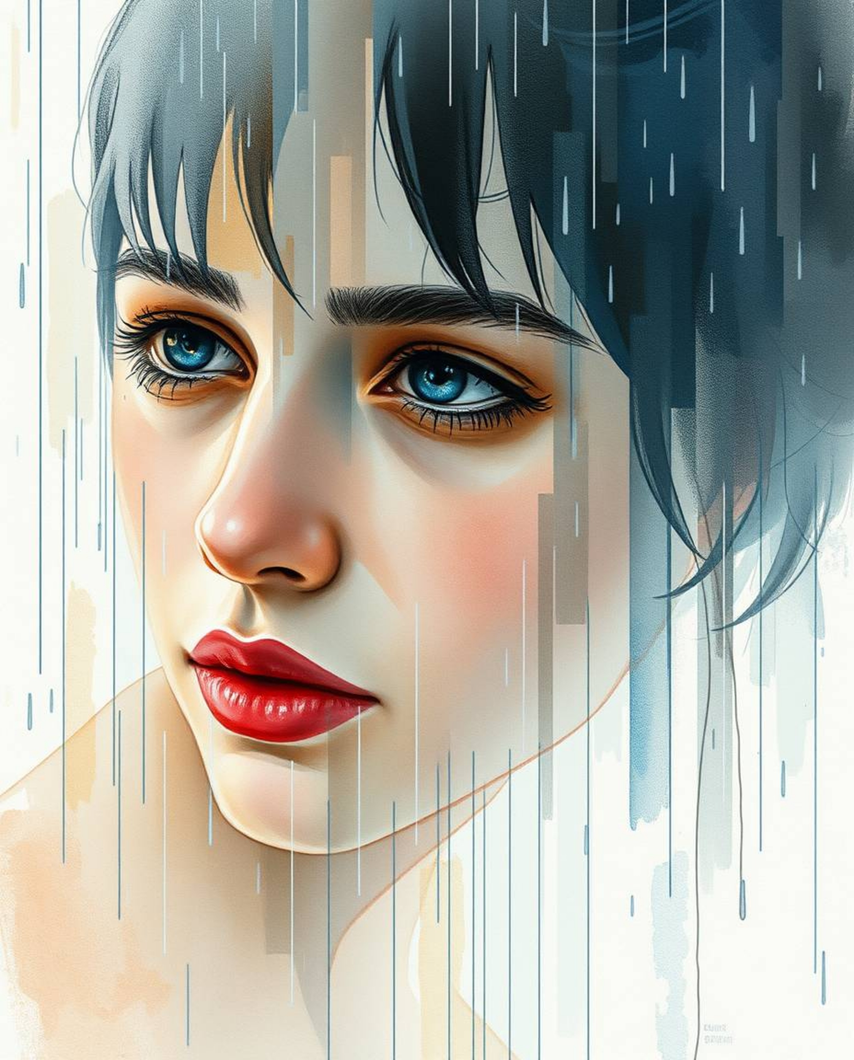 A delicate watercolor painting depicts a digital glitch transforming a human face into a flowing data stream.  The artwork ev