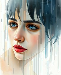 A delicate watercolor painting depicts a digital glitch transforming a human face into a flowing data stream.  The artwork ev