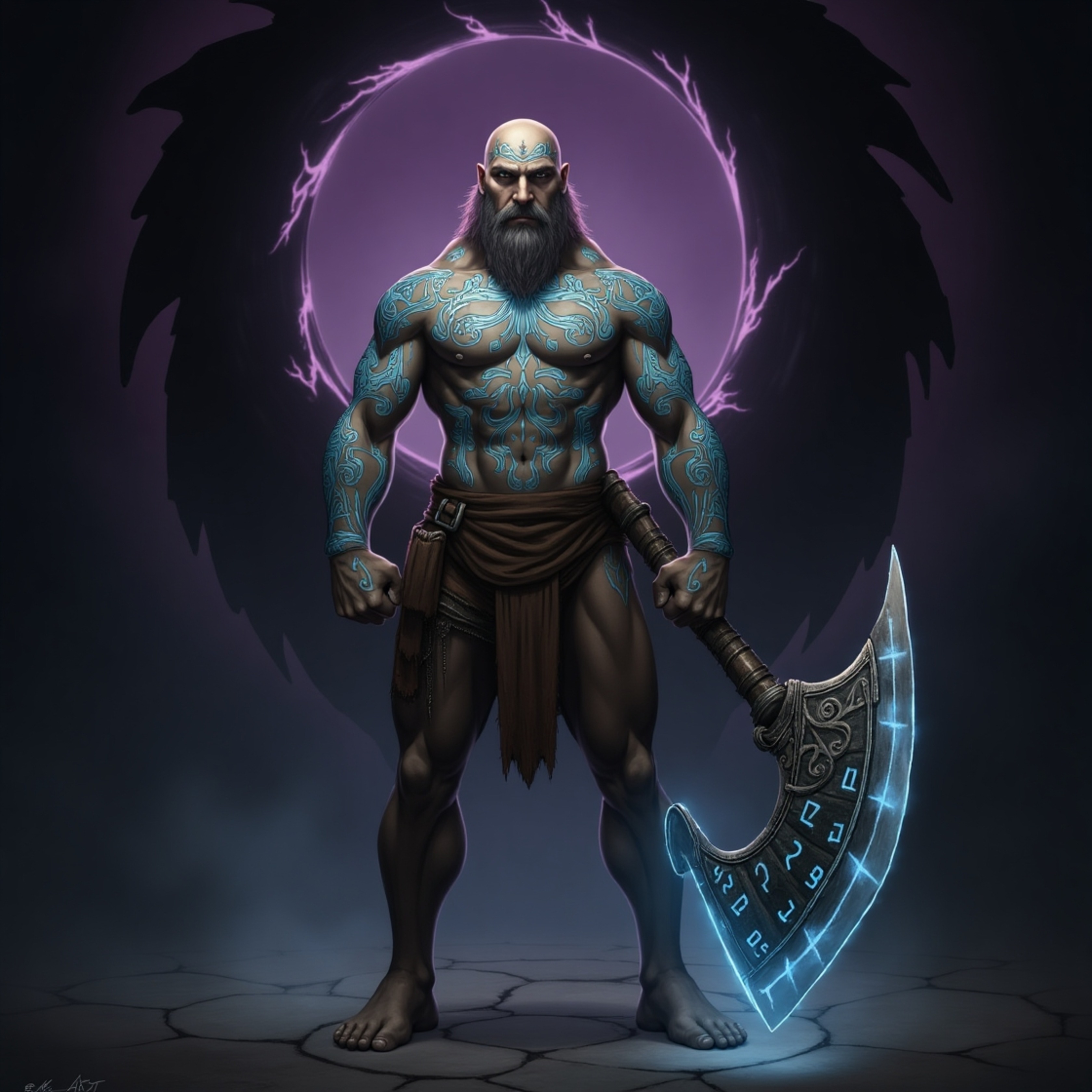 A powerful image depicts a muscular, stoic warrior adorned with intricate, glowing blue tribal tattoos. They stand resolute,