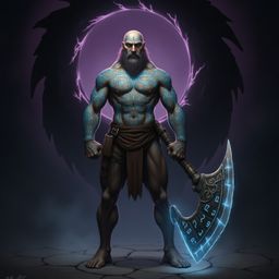 A powerful image depicts a muscular, stoic warrior adorned with intricate, glowing blue tribal tattoos. They stand resolute, 
