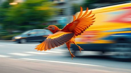 A stunning high-resolution stock photo captures a fast-running bird in vibrant reds, oranges, and yellows, zooming past city 