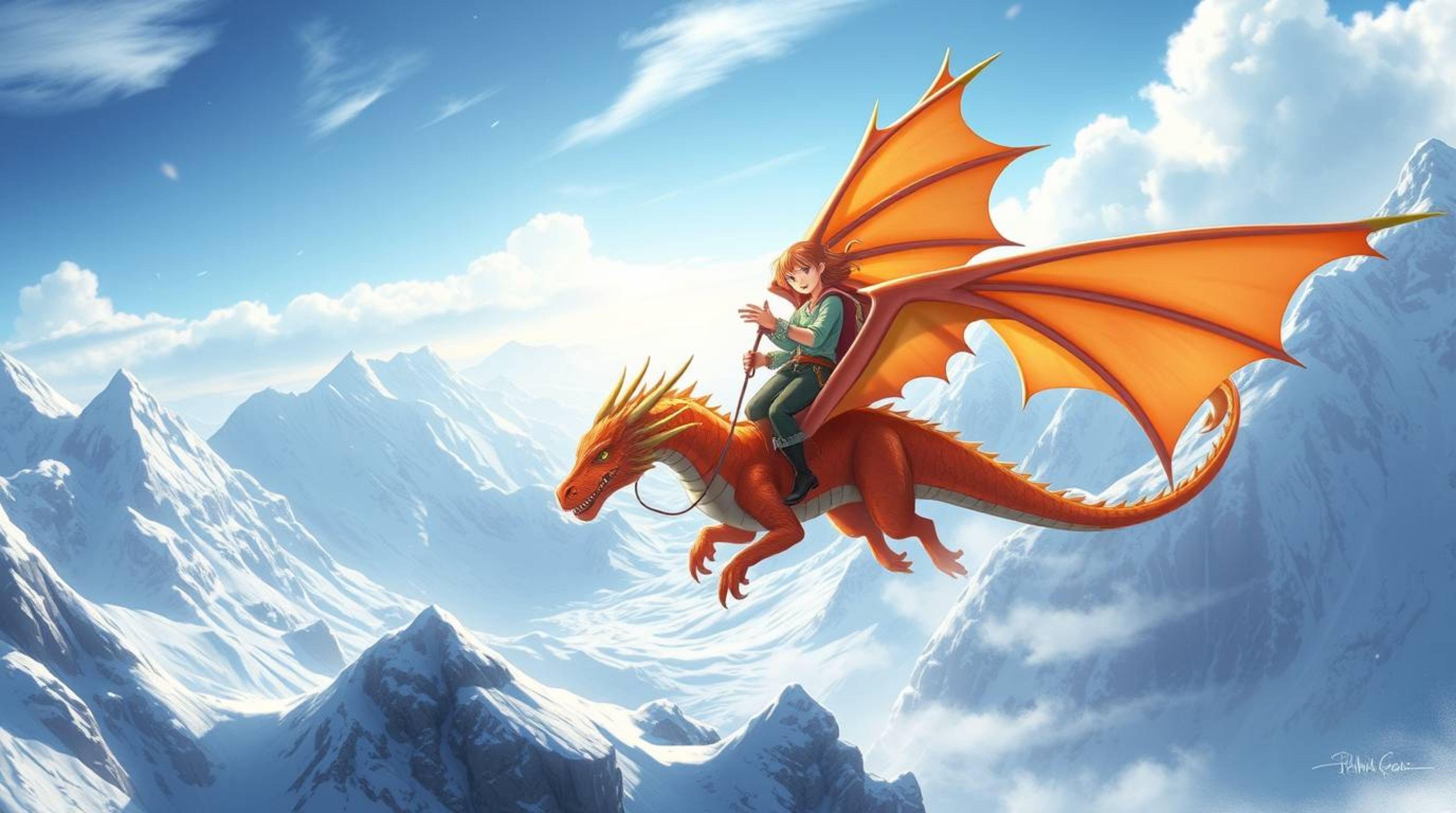 Witness a graceful and elegant dragon and its rider soaring above majestic icy mountains. This vibrant scene captures the ene