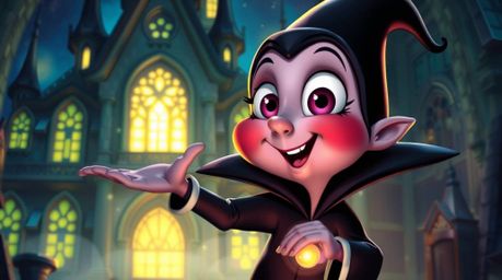 A charming and cute classic Disney villain with large eyes and rosy cheeks casts a spell within a glowing, bioluminescent old