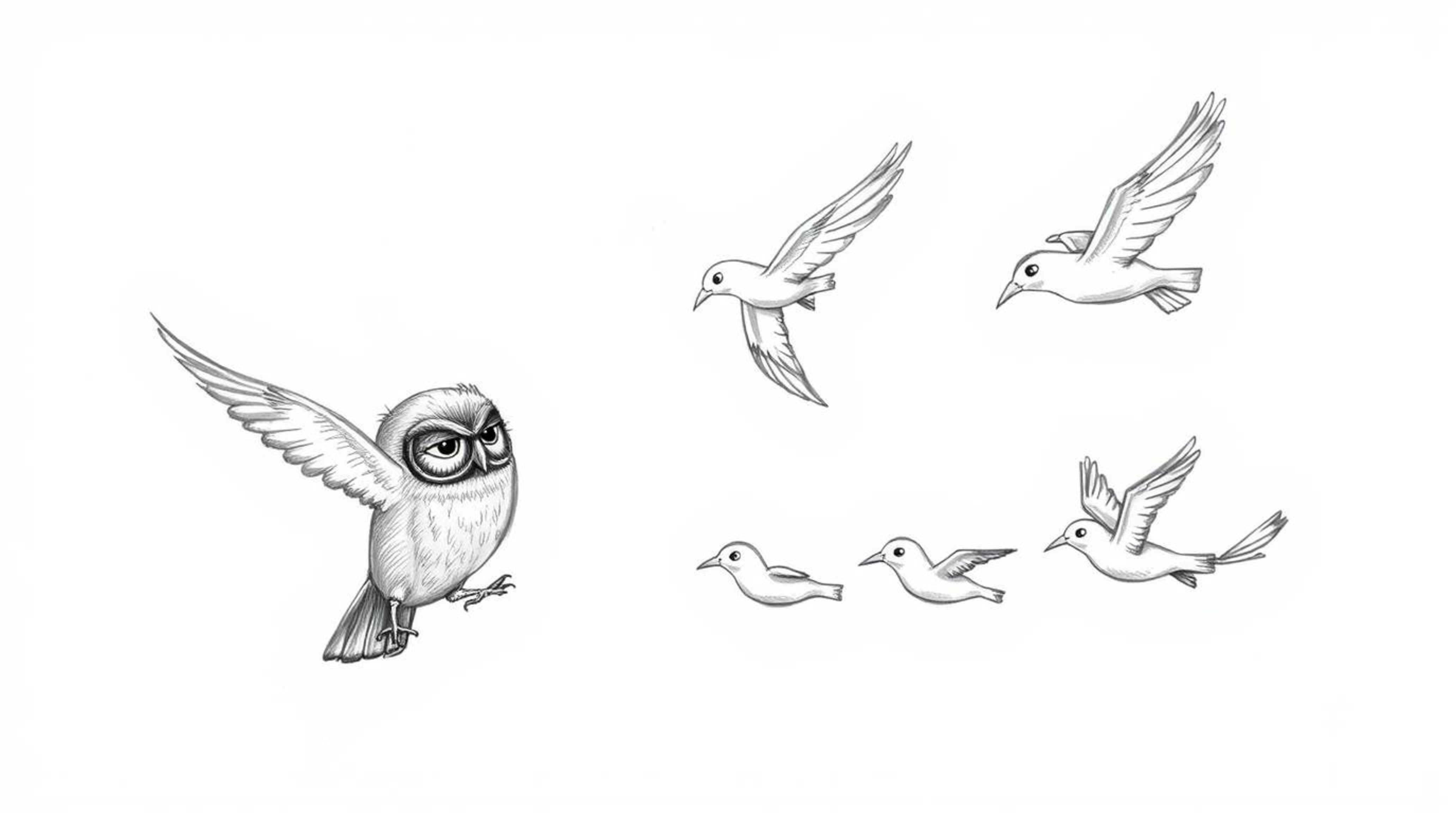 A charming hand-drawn sketch in the style of Pixar depicts a blind owl with textured pencil strokes leading a flock of birds 