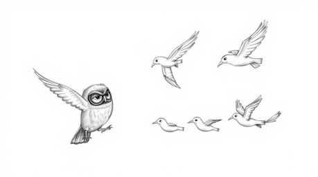A charming hand-drawn sketch in the style of Pixar depicts a blind owl with textured pencil strokes leading a flock of birds 