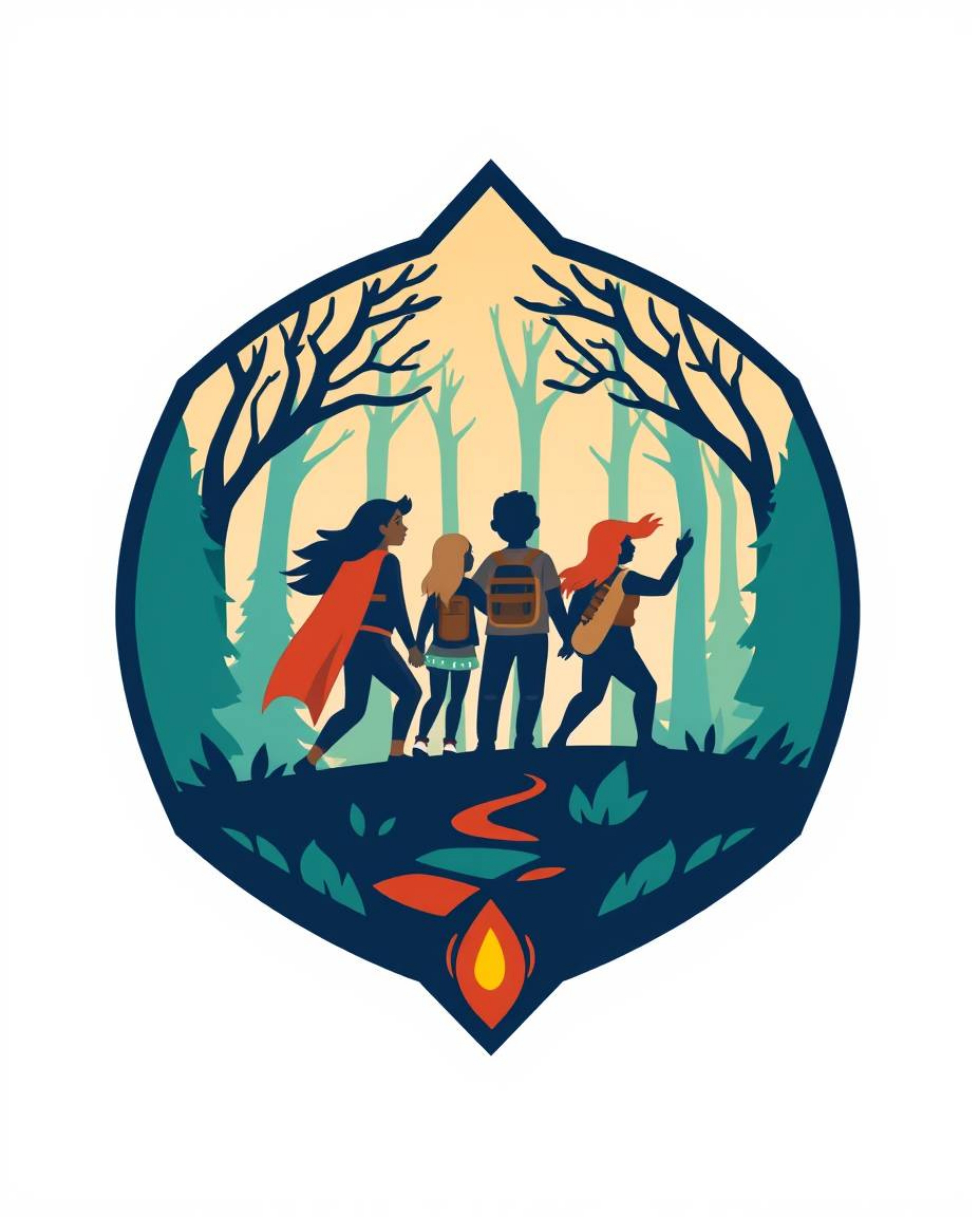 A captivating logo design features a group of friends possessing unique powers, embarking on an adventure within a mystical f
