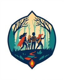 A captivating logo design features a group of friends possessing unique powers, embarking on an adventure within a mystical f