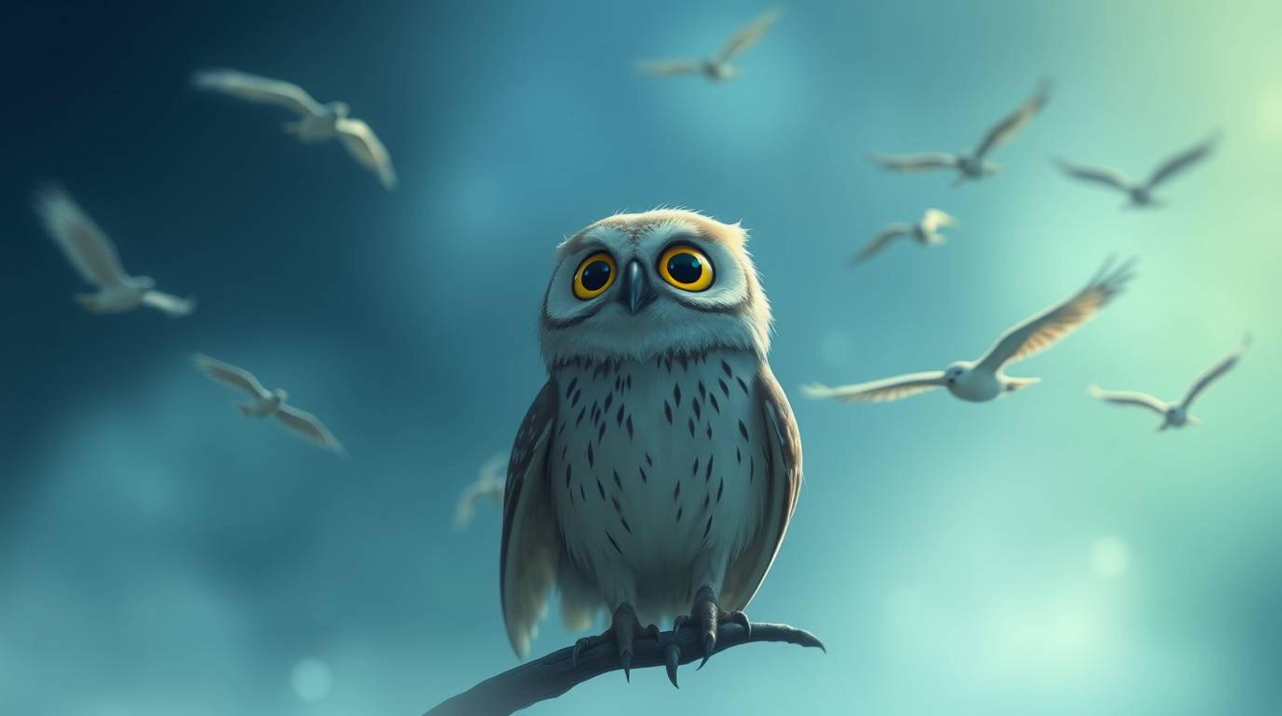 A photographic illustration with an ethereal feel captures a mystical scene of a blind, Pixar-style owl watching its students