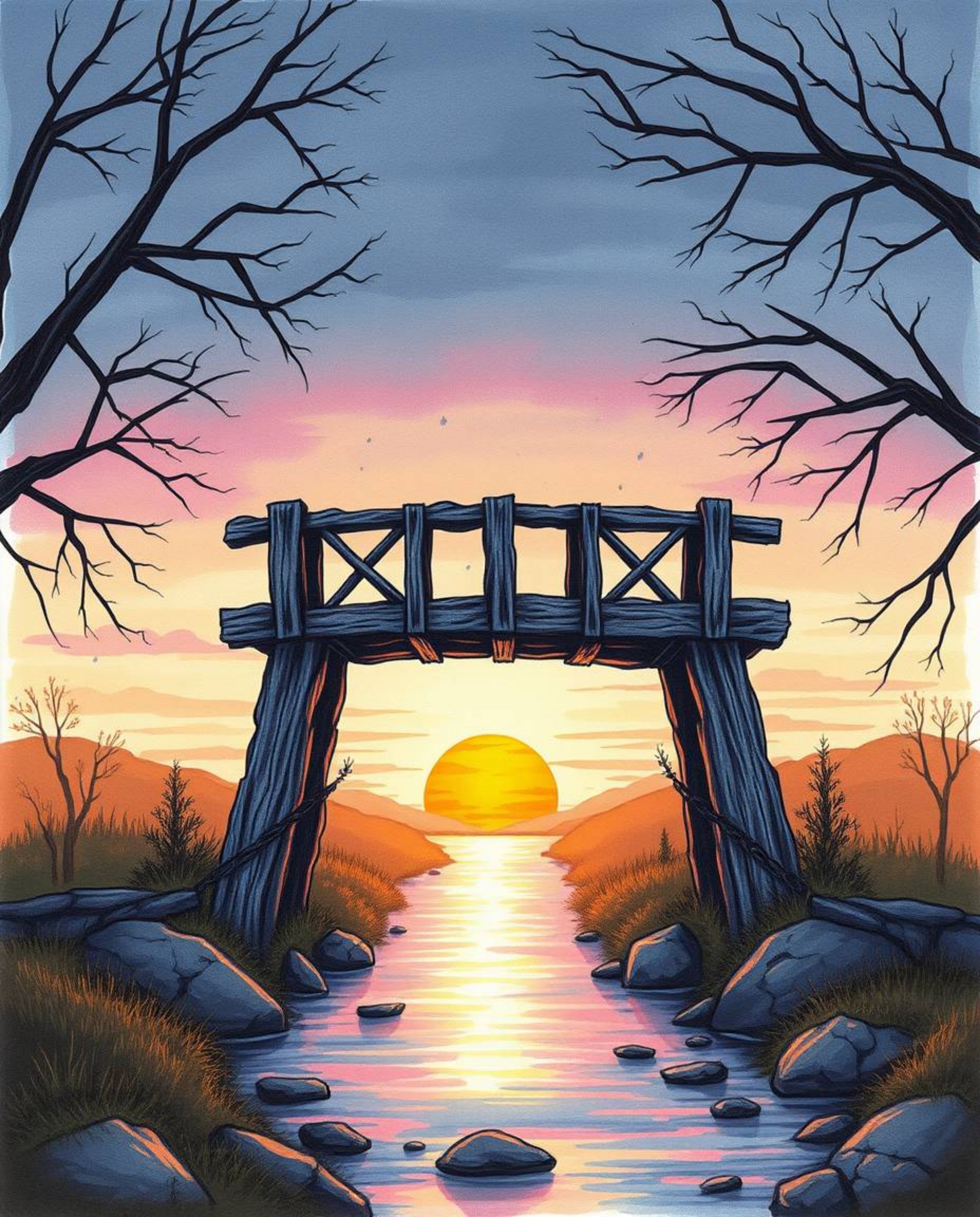 A hand-drawn color sketchnote depicts an old wooden bridge over a river at sunset, creating a mystic and enchanting environme