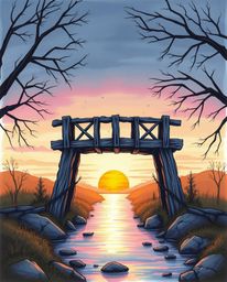 A hand-drawn color sketchnote depicts an old wooden bridge over a river at sunset, creating a mystic and enchanting environme