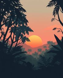 A modern flat design illustration that captures a sunset scene through a dense jungle canopy. This artwork is characterized b