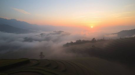 Capture the essence of a breathtaking sunset painting the rice terraces in the mountains with an ethereal glow. Gentle color 
