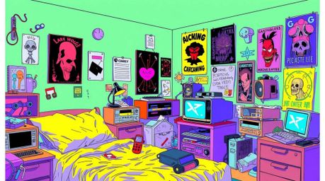 A vibrant digital illustration depicts a messy bedroom overflowing with strange gadgets and quirky posters.  Rendered in elec