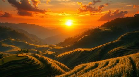 A dynamic digital painting capturing a stunning sunset over mountainous rice terraces, characterized by strong, hard light an
