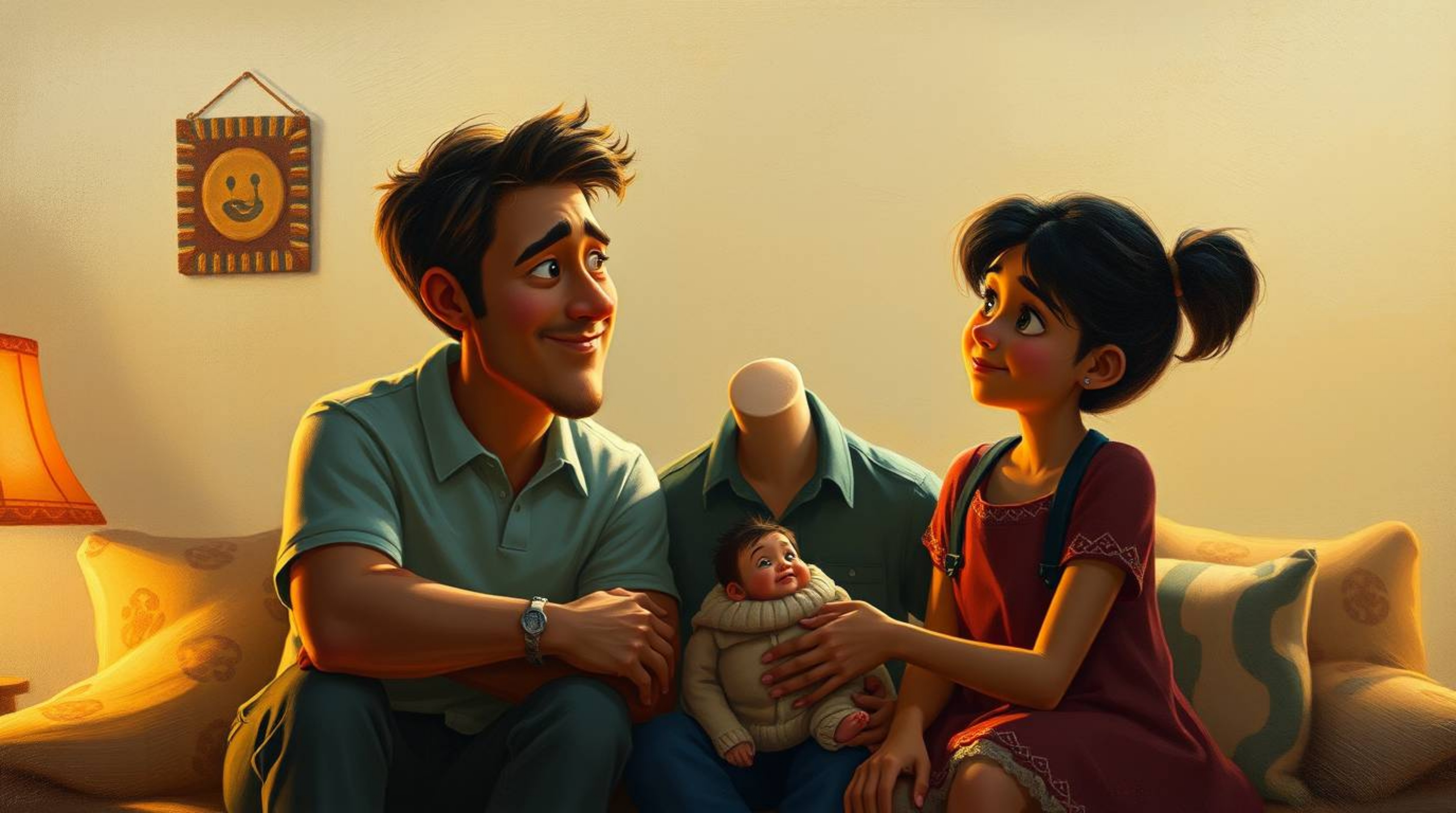 A classic oil painting capturing a heartfelt Pixar-style family reunion, bathed in gentle, soft light with diffused shadows a