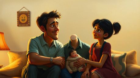 A classic oil painting capturing a heartfelt Pixar-style family reunion, bathed in gentle, soft light with diffused shadows a