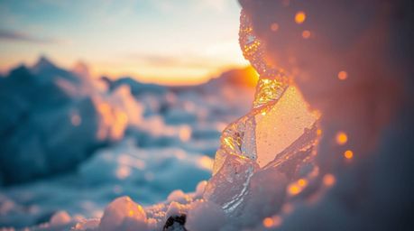 An extreme macro close-up captures the breathtaking beauty of a sunset over icy glaciers in the polar region.  Bathed in warm