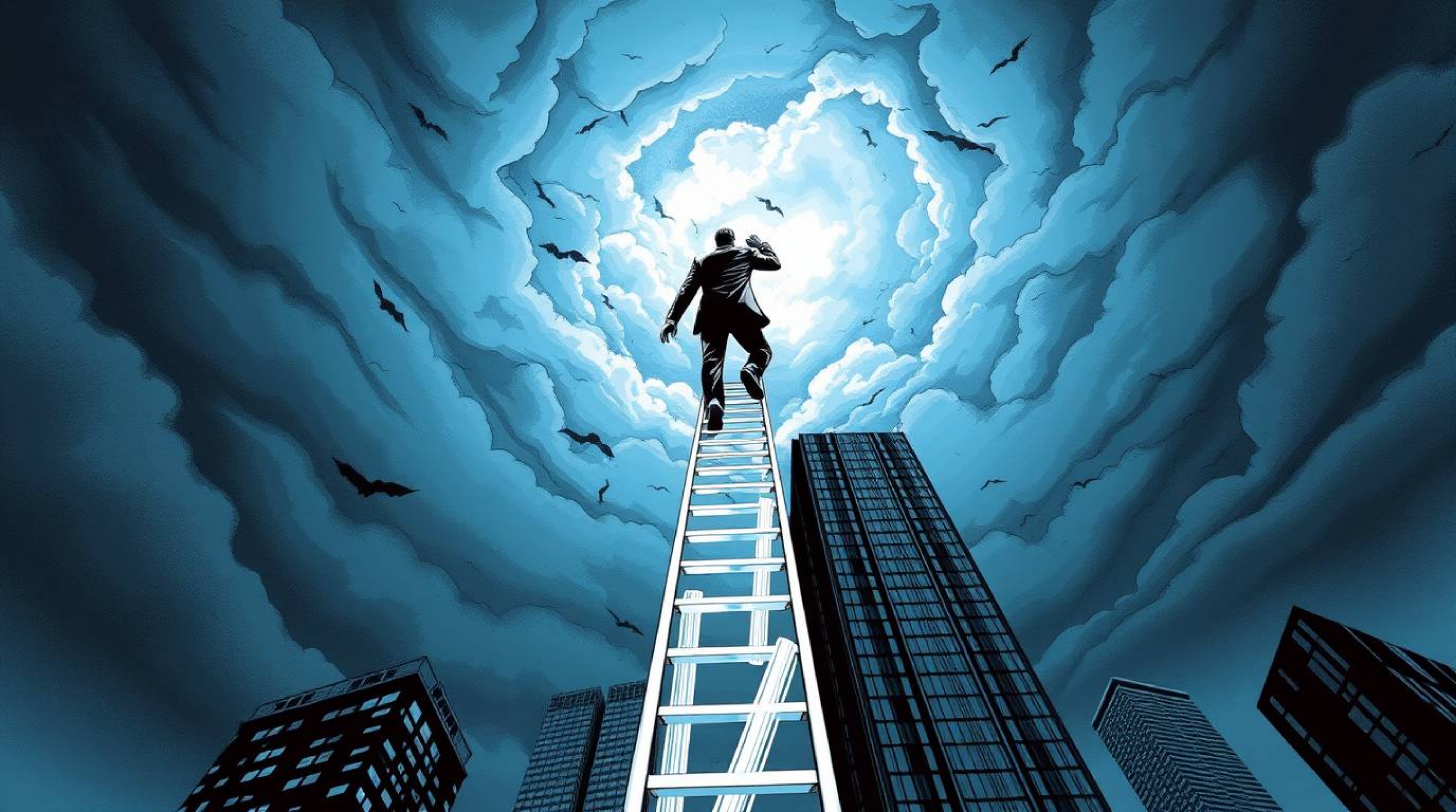 An elegant black and white illustration depicts a businessperson ascending a transparent ladder, a visual metaphor for the ab