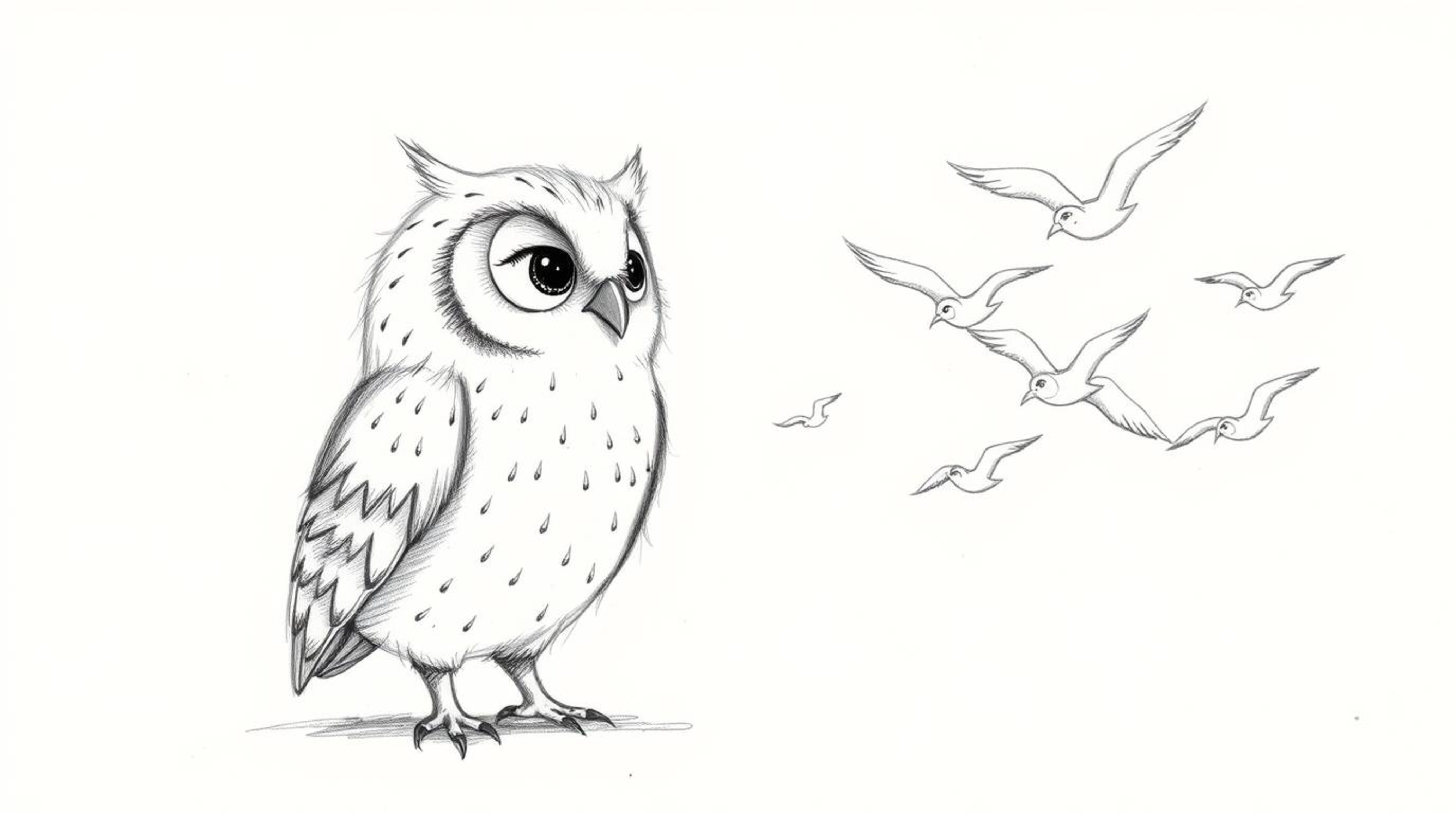 A charming hand-drawn sketch reminiscent of Pixar's style showcases a blind owl with delicate, feathery details.  The owl, de