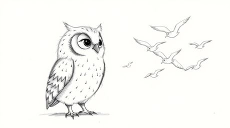 A charming hand-drawn sketch reminiscent of Pixar's style showcases a blind owl with delicate, feathery details.  The owl, de