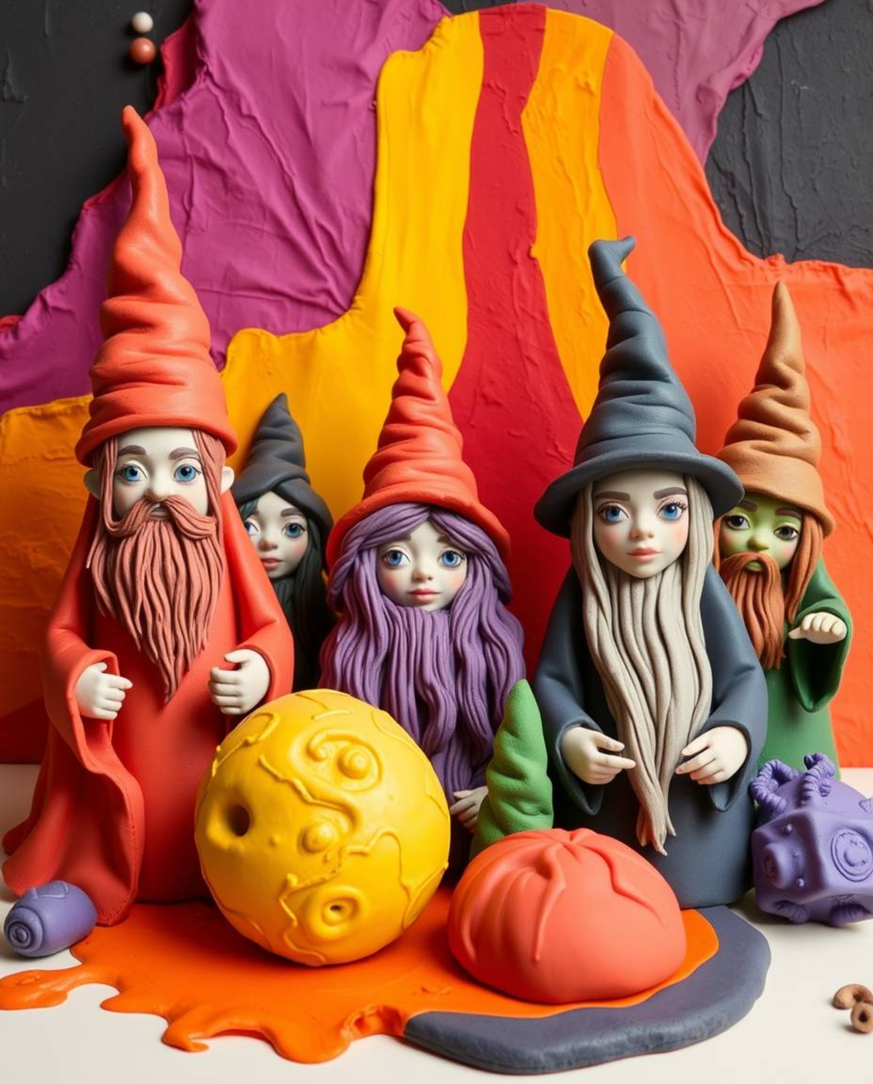 Discover stunning sculptural clay art depicting young wizards in a magical school.  The artwork features vibrant complementar