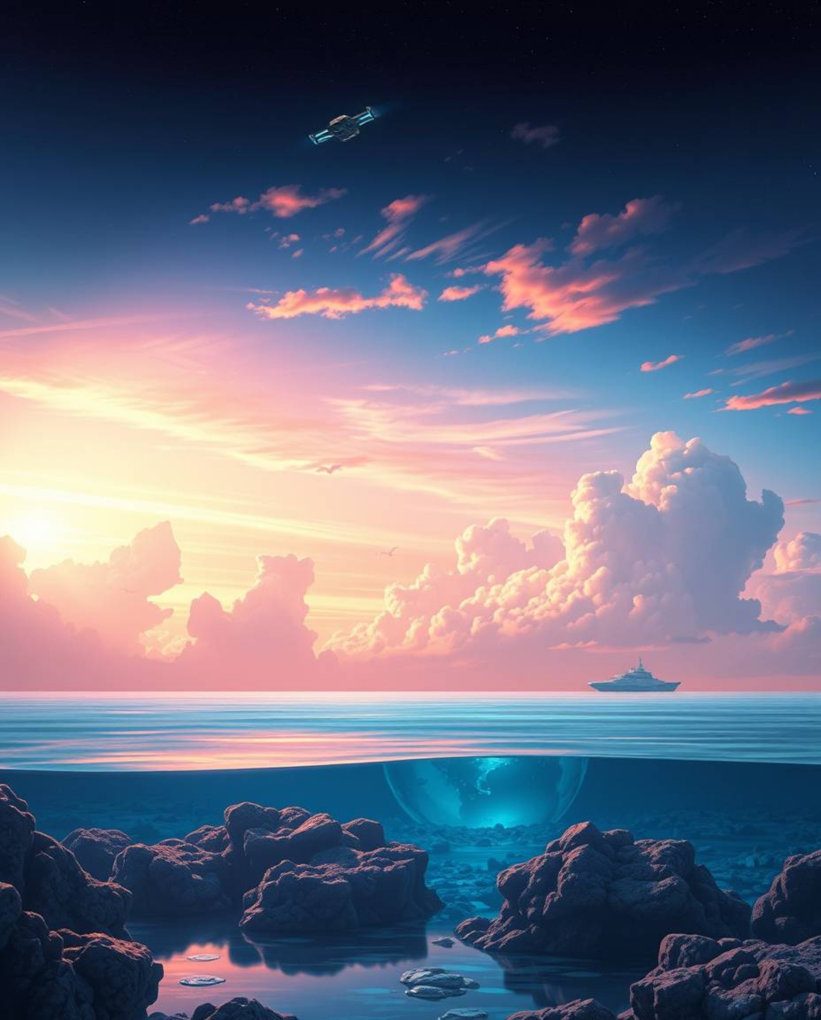 A futuristic sci-fi illustration captures a colorful sky over a coral reef at low tide. The scene is characterized by its sof