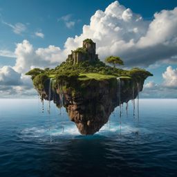 This surreal oil painting depicts a breathtaking floating island, a dreamlike landscape where gravity seems to be defied. Wat