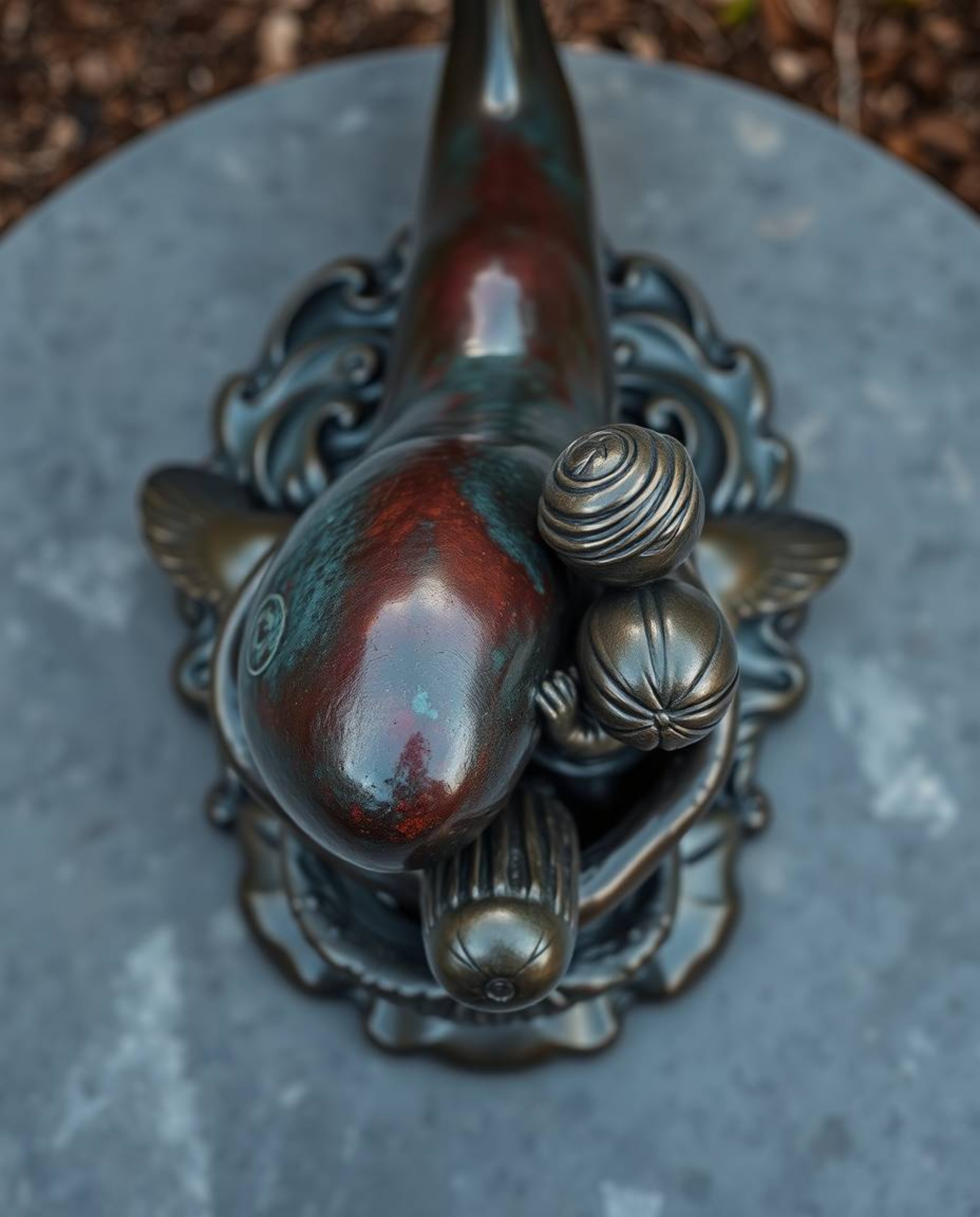 A captivating cast bronze sculpture depicts a heartwarming scene of a sea creature befriending a human child. The overhead bi