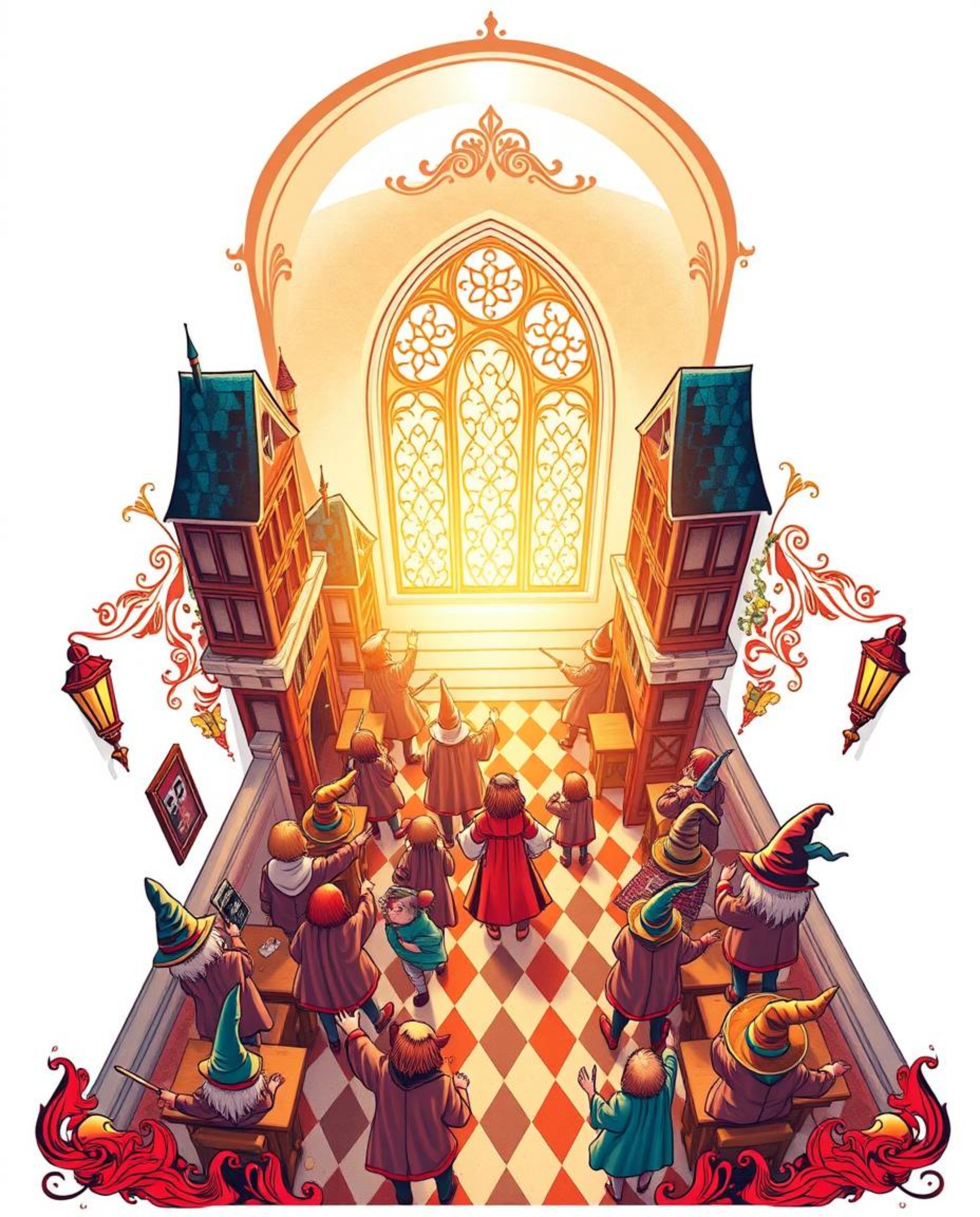 A captivating high-angle shot showcases a symbolic traditional tattoo art print depicting a magical school brimming with youn