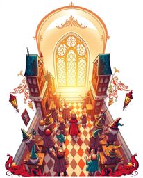 A captivating high-angle shot showcases a symbolic traditional tattoo art print depicting a magical school brimming with youn
