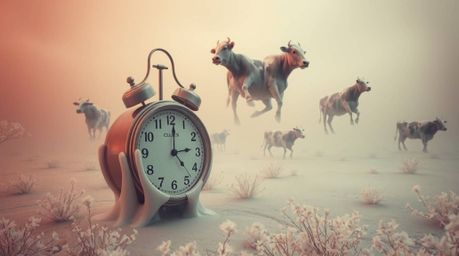 Explore a surreal dreamscape featuring melting clocks and floating cows bathed in a soft, hazy light, captured in the infrare