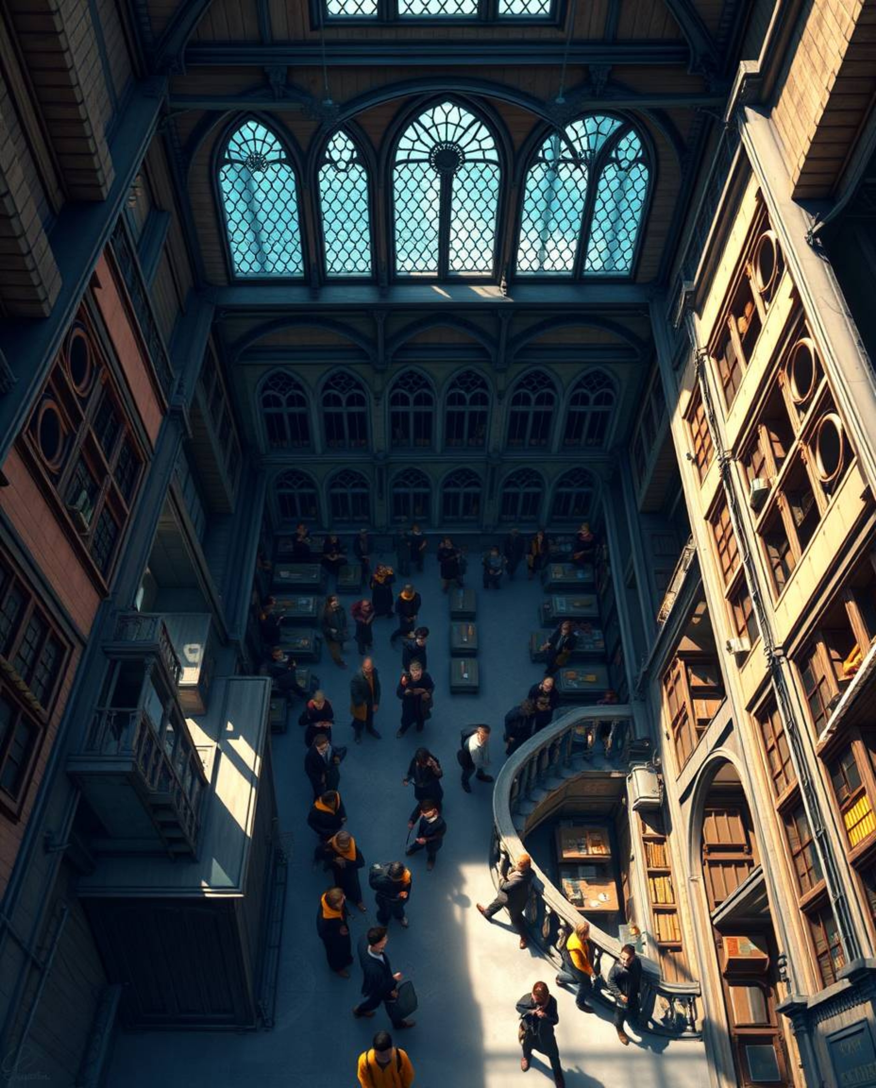 Explore a magical school teeming with young wizards in this high-angle digital painting.  Viewed from above, the artwork reve